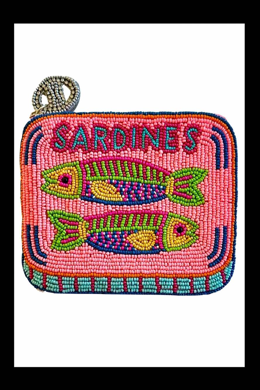 NEW LILY women's beaded sardines fish in tin can coin pouch in pink
